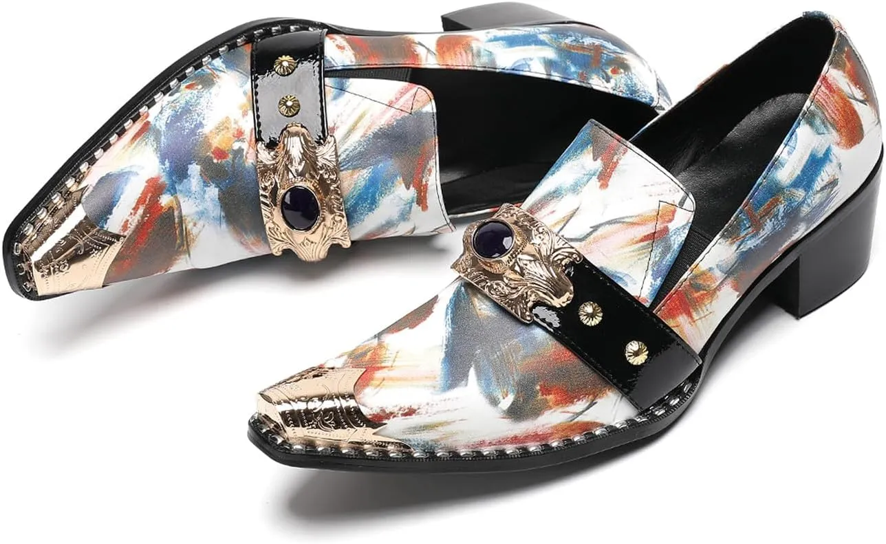 Men's Dress Caual Slip-On Shoes with Metallic Toe – Fashionable Colorful Art Print Penny Loafers with Unique Artistic Design for Casual, Party, Ballroom & Bar Formal Wear