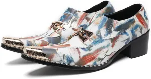 Men's Dress Caual Slip-On Shoes with Metallic Toe – Fashionable Colorful Art Print Penny Loafers with Unique Artistic Design for Casual, Party, Ballroom & Bar Formal Wear