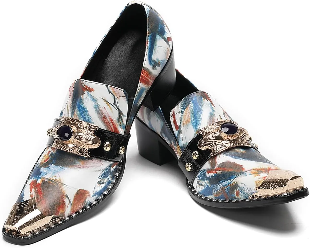 Men's Dress Caual Slip-On Shoes with Metallic Toe – Fashionable Colorful Art Print Penny Loafers with Unique Artistic Design for Casual, Party, Ballroom & Bar Formal Wear
