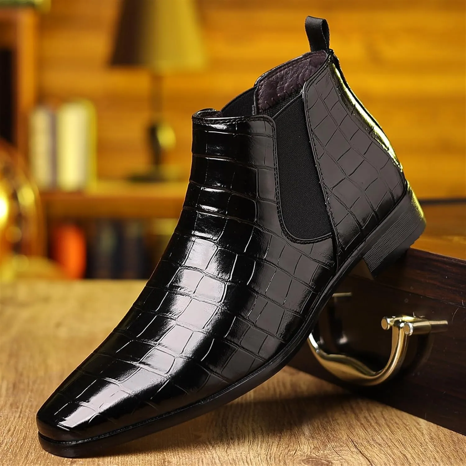 Men's Fashion Crocodile Print Chelsea Boots Pull On Dress Ankle Boots Square Toe Casual Boots Chunky Heel Leather Boots For Men