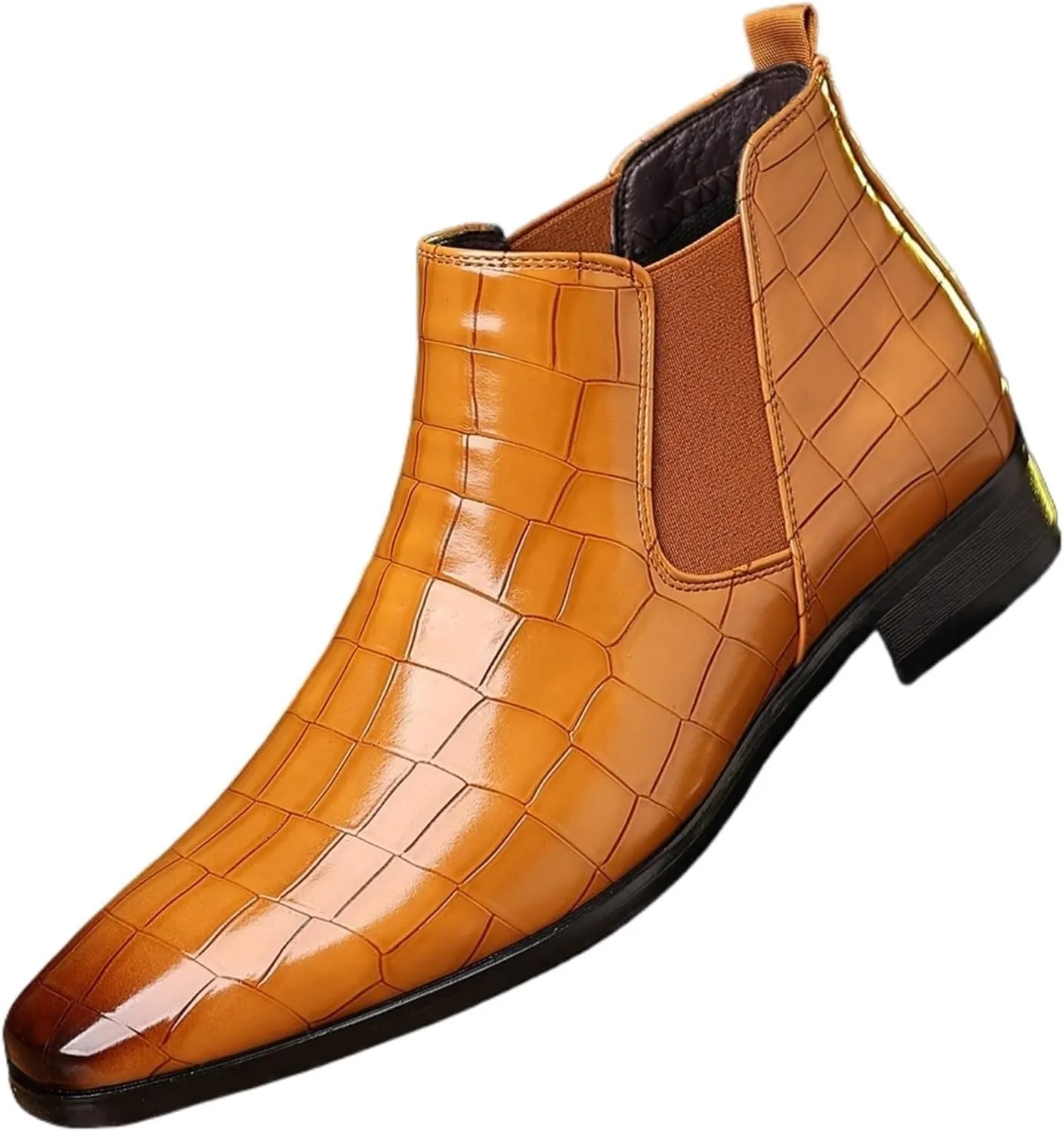 Men's Fashion Crocodile Print Chelsea Boots Pull On Dress Ankle Boots Square Toe Casual Boots Chunky Heel Leather Boots For Men