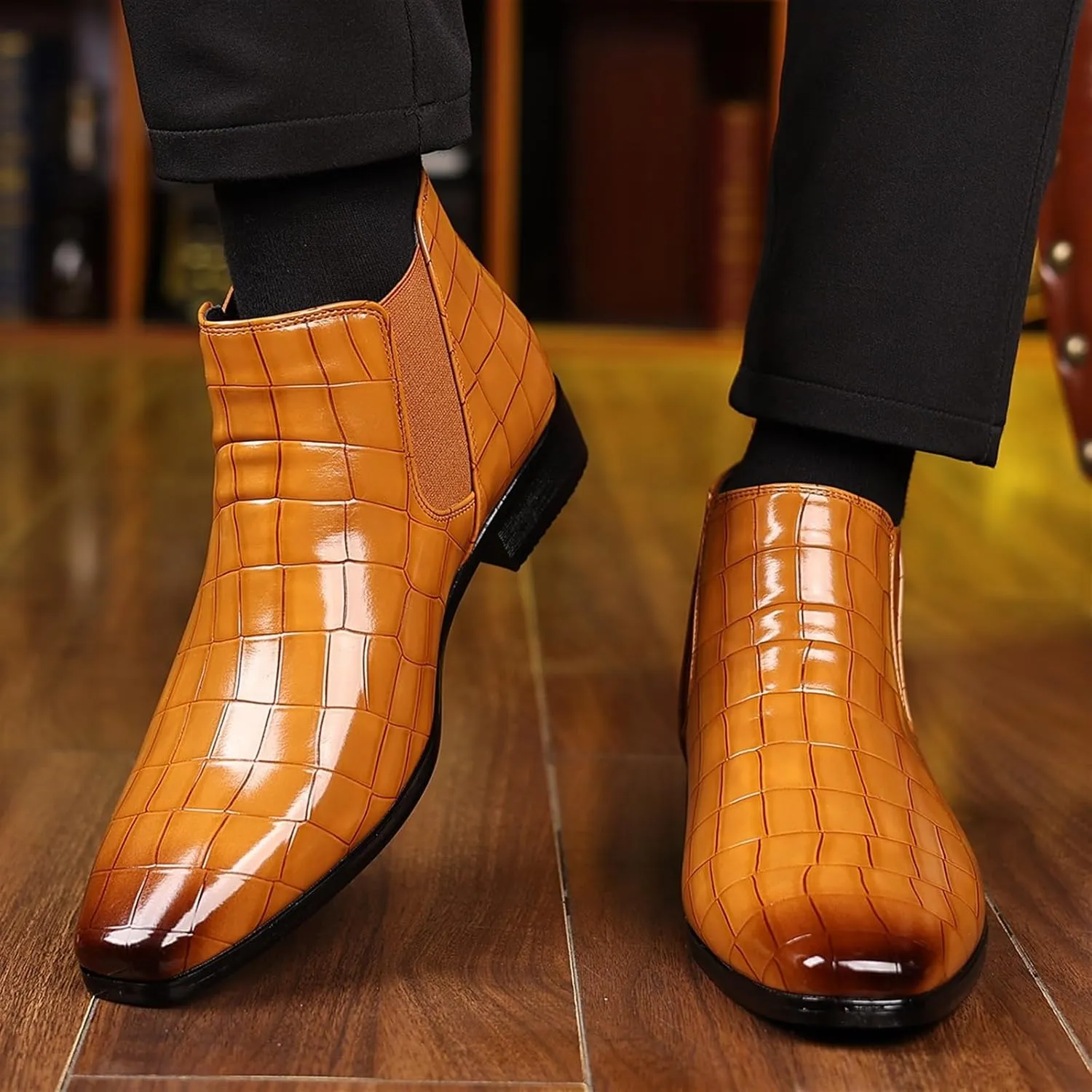 Men's Fashion Crocodile Print Chelsea Boots Pull On Dress Ankle Boots Square Toe Casual Boots Chunky Heel Leather Boots For Men