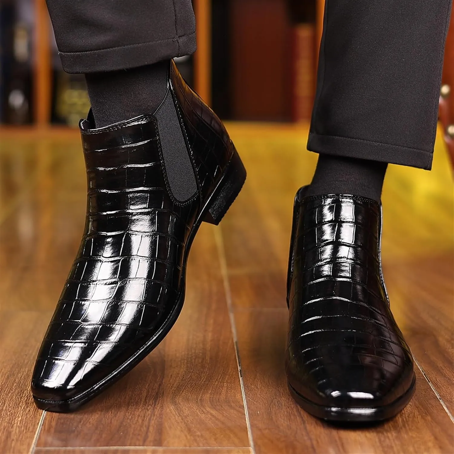 Men's Fashion Crocodile Print Chelsea Boots Pull On Dress Ankle Boots Square Toe Casual Boots Chunky Heel Leather Boots For Men