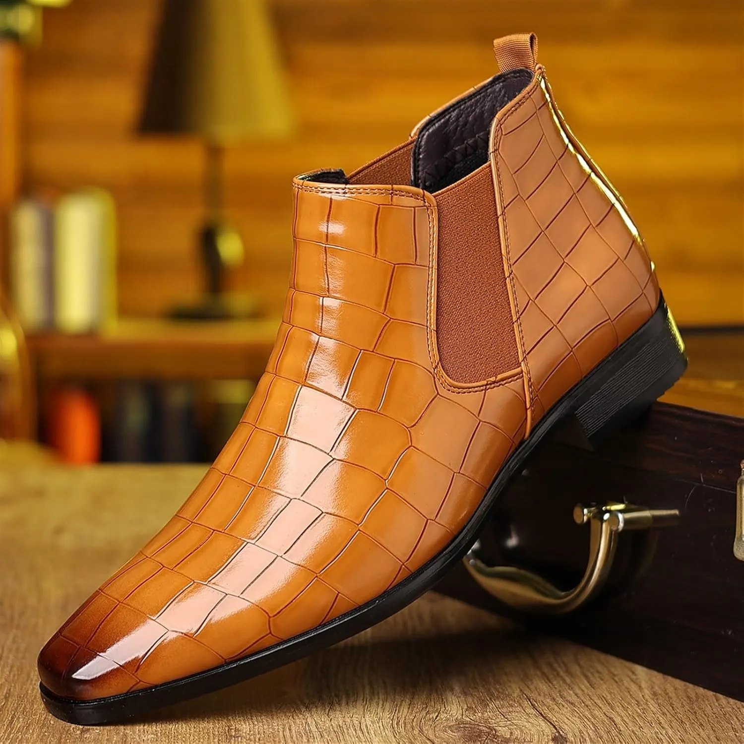 Men's Fashion Crocodile Print Chelsea Boots Pull On Dress Ankle Boots Square Toe Casual Boots Chunky Heel Leather Boots For Men