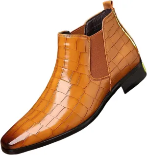 Men's Fashion Crocodile Print Chelsea Boots Pull On Dress Ankle Boots Square Toe Casual Boots Chunky Heel Leather Boots For Men