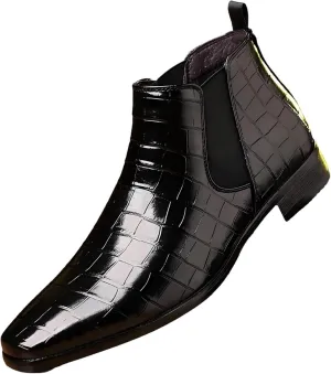 Men's Fashion Crocodile Print Chelsea Boots Pull On Dress Ankle Boots Square Toe Casual Boots Chunky Heel Leather Boots For Men