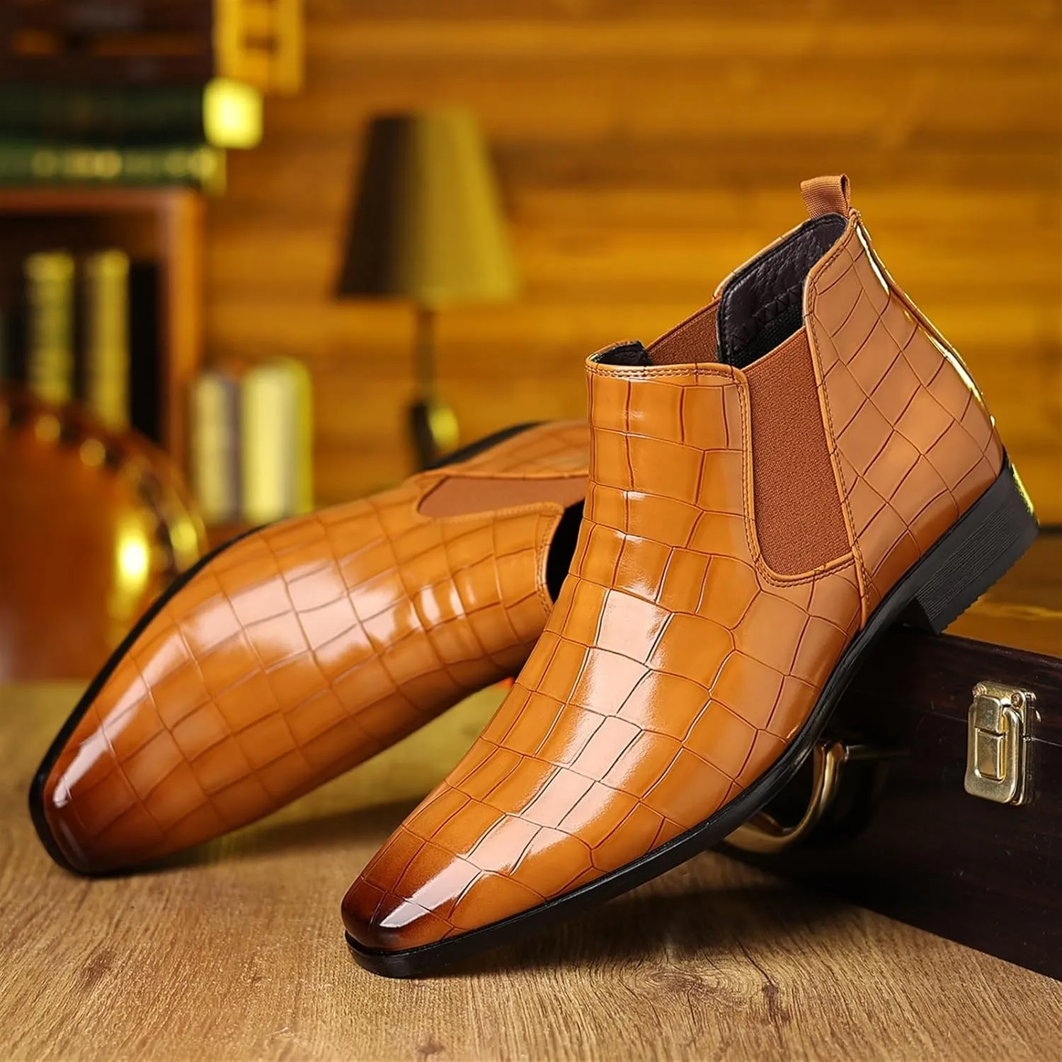 Men's Fashion Crocodile Print Chelsea Boots Pull On Dress Ankle Boots Square Toe Casual Boots Chunky Heel Leather Boots For Men