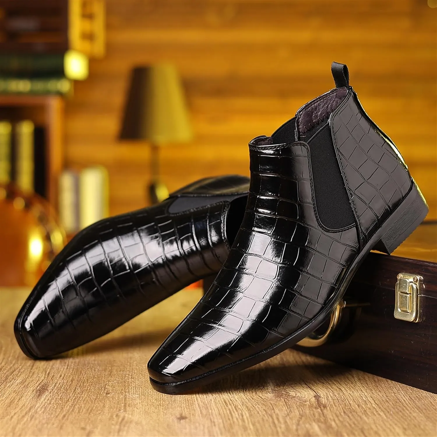 Men's Fashion Crocodile Print Chelsea Boots Pull On Dress Ankle Boots Square Toe Casual Boots Chunky Heel Leather Boots For Men