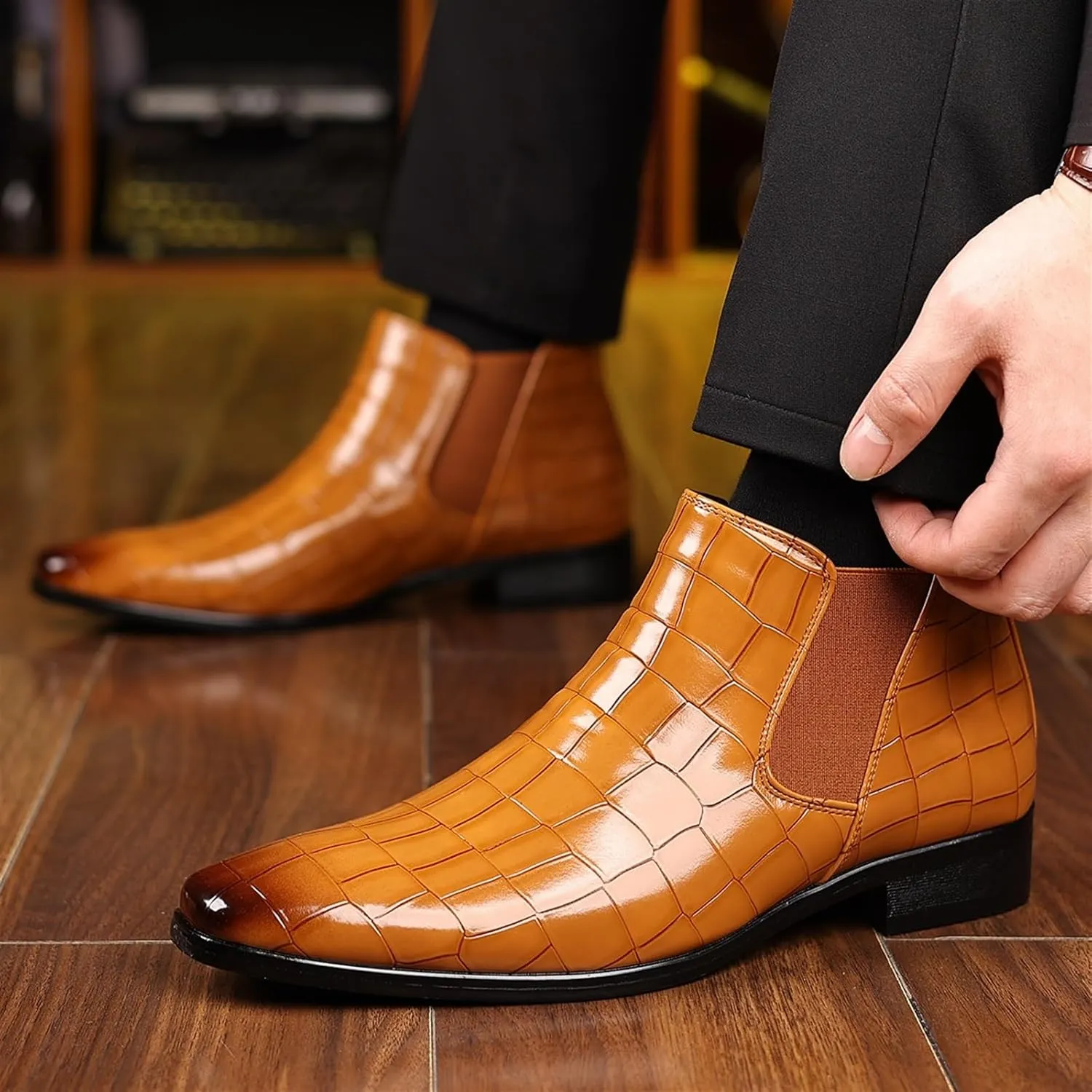 Men's Fashion Crocodile Print Chelsea Boots Pull On Dress Ankle Boots Square Toe Casual Boots Chunky Heel Leather Boots For Men