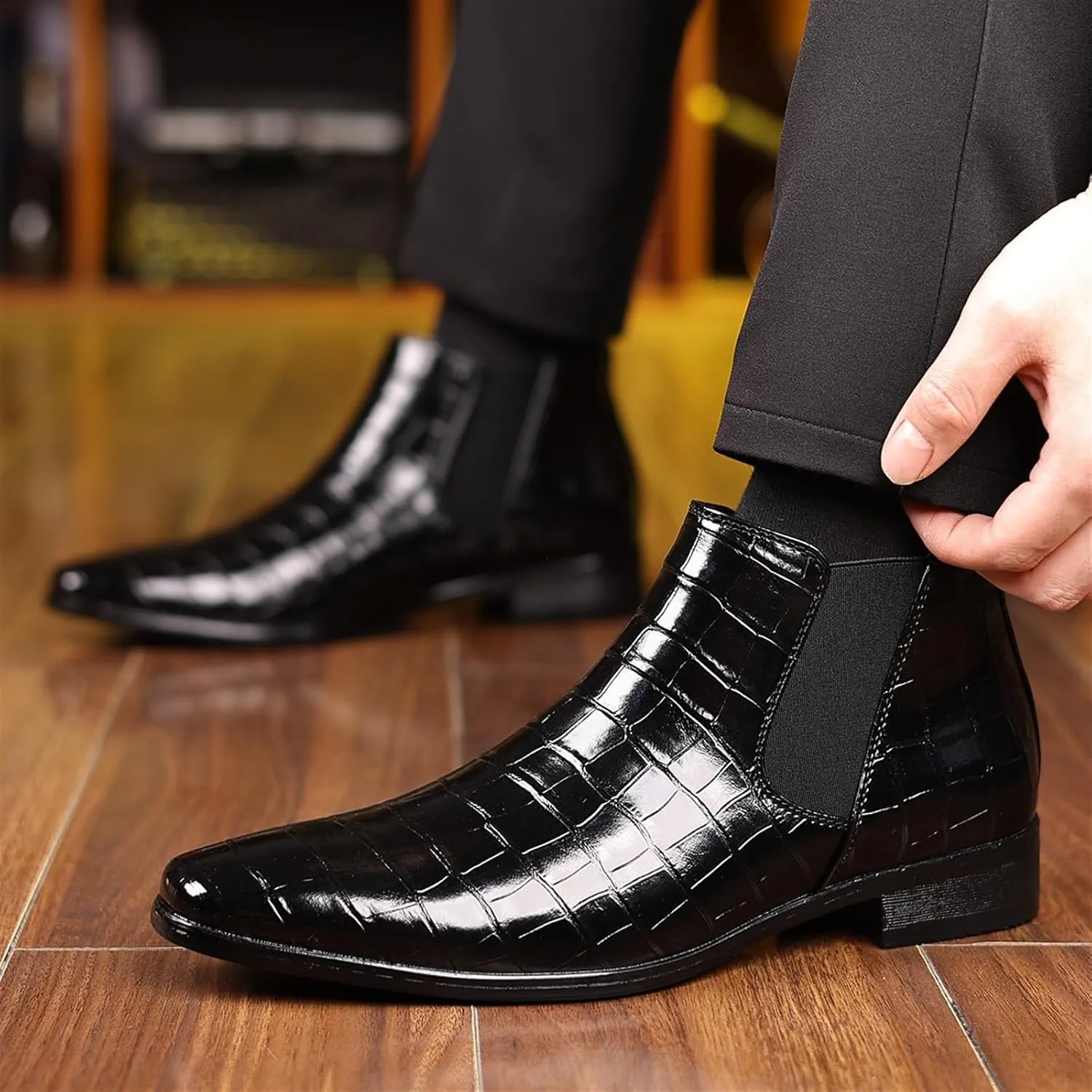 Men's Fashion Crocodile Print Chelsea Boots Pull On Dress Ankle Boots Square Toe Casual Boots Chunky Heel Leather Boots For Men