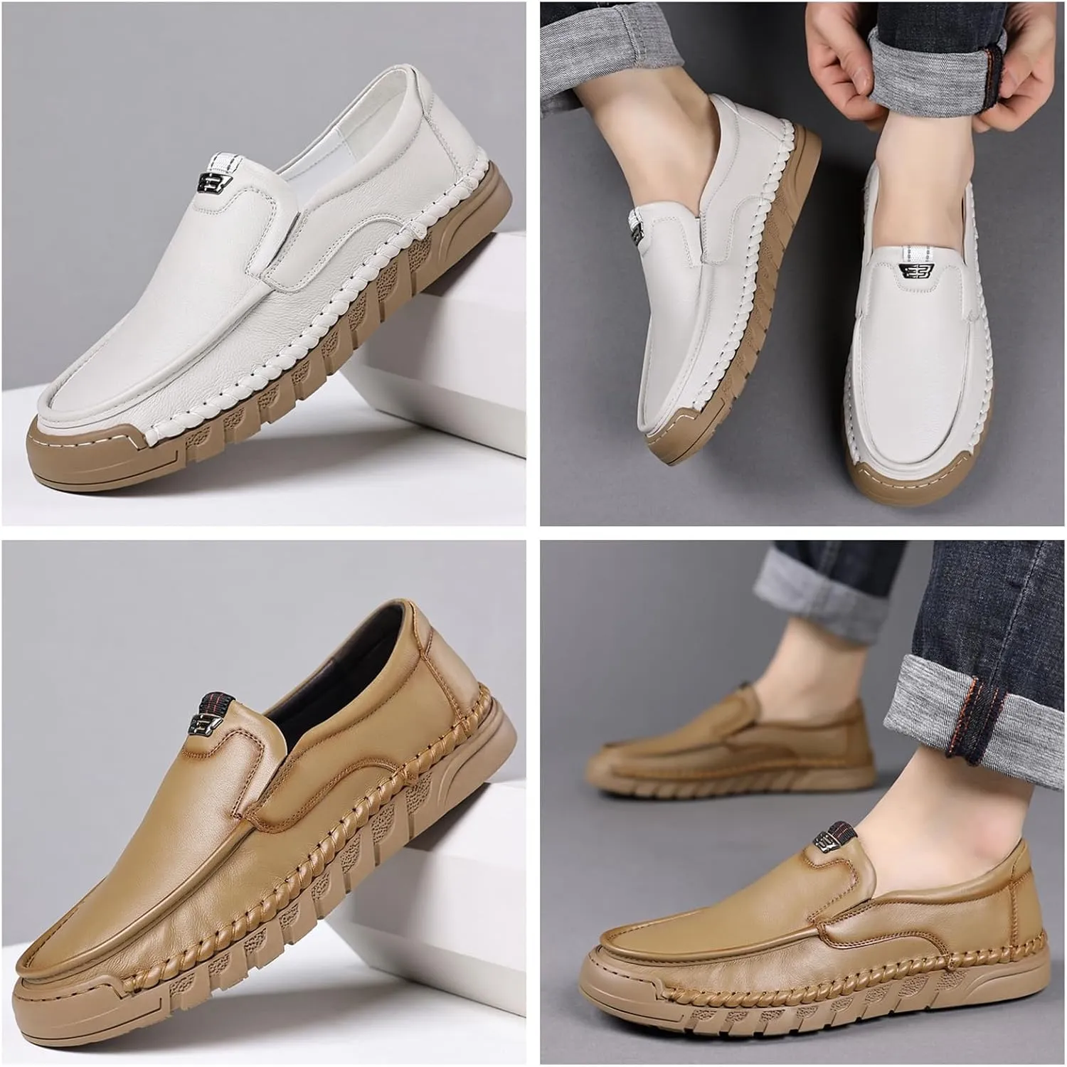 Men's Hand Stitching Soft Leather Slip On Flats Loafers Casual Round Toe Non-Slip Outdoor Driving Walking Daily Boat Shoes