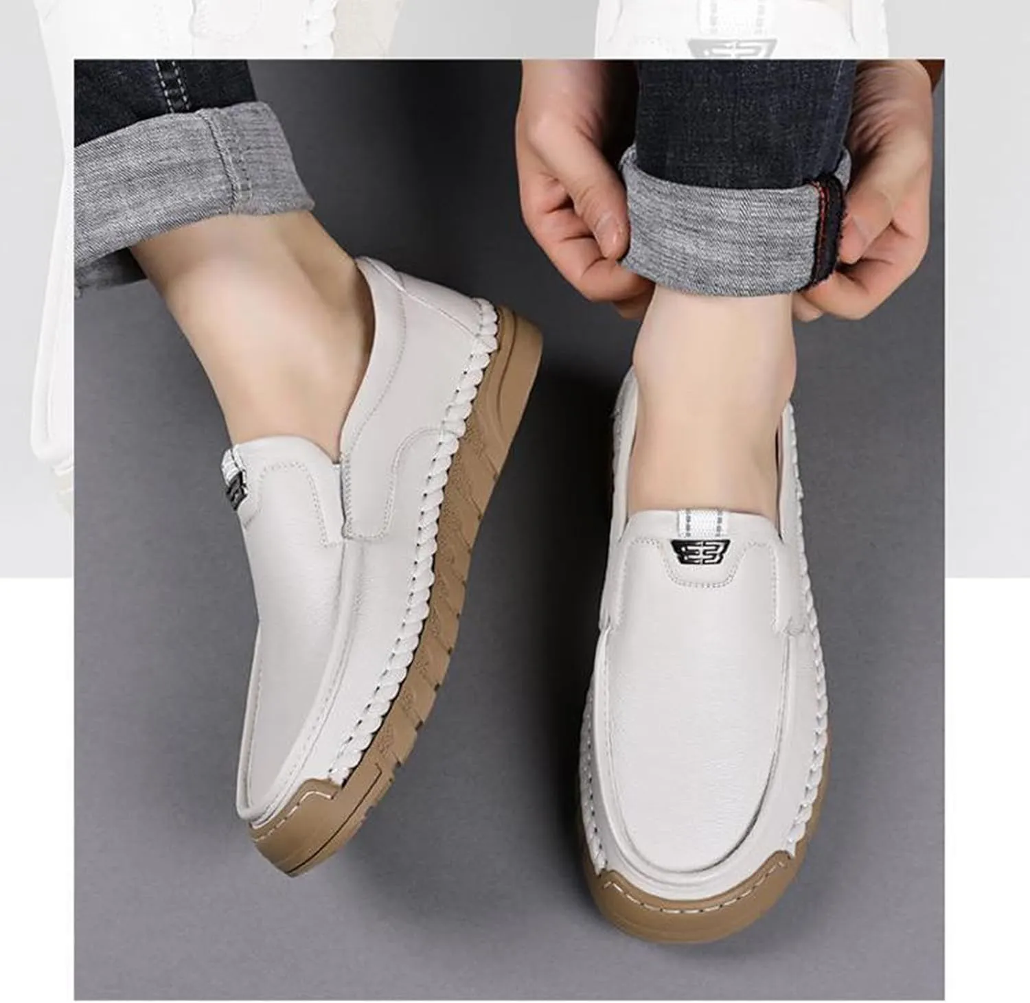 Men's Hand Stitching Soft Leather Slip On Flats Loafers Casual Round Toe Non-Slip Outdoor Driving Walking Daily Boat Shoes
