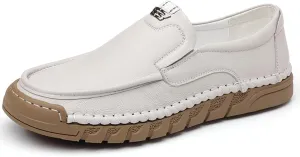 Men's Hand Stitching Soft Leather Slip On Flats Loafers Casual Round Toe Non-Slip Outdoor Driving Walking Daily Boat Shoes