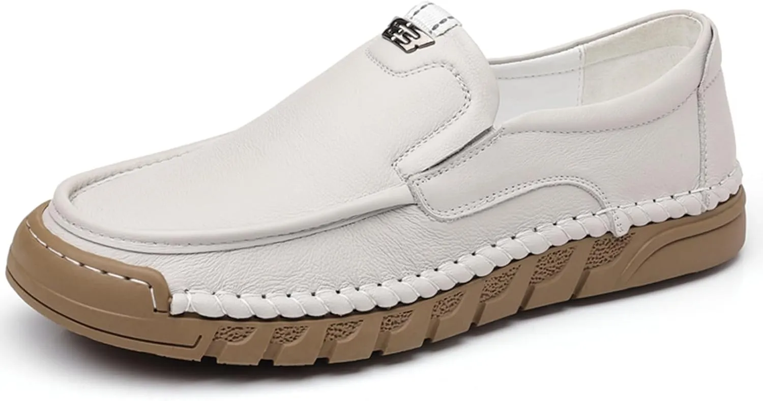 Men's Hand Stitching Soft Leather Slip On Flats Loafers Casual Round Toe Non-Slip Outdoor Driving Walking Daily Boat Shoes