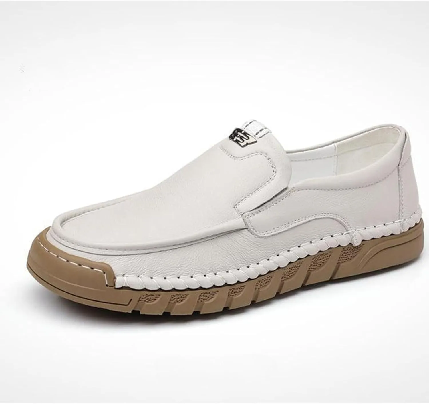 Men's Hand Stitching Soft Leather Slip On Flats Loafers Casual Round Toe Non-Slip Outdoor Driving Walking Daily Boat Shoes