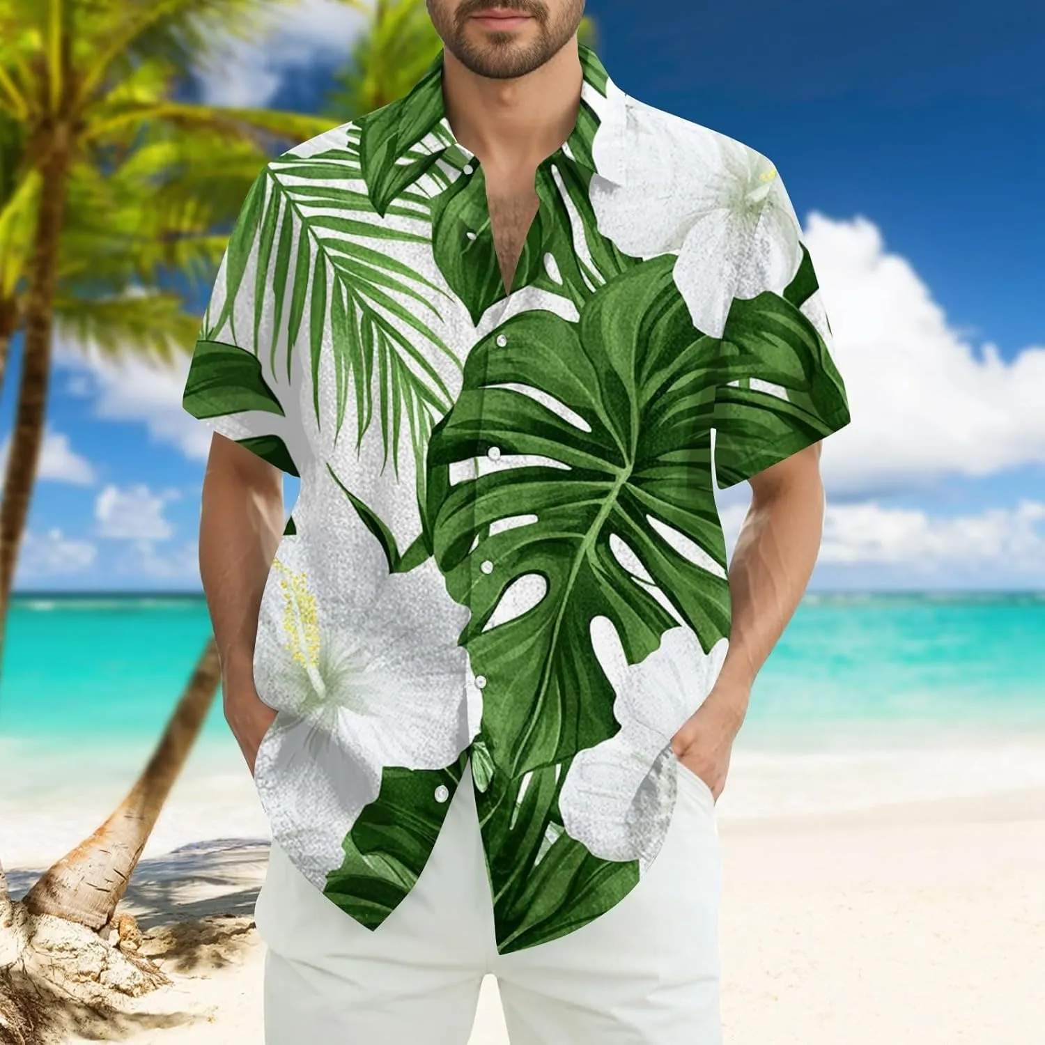 Men's Hawaiian Floral Shirts Cotton Linen Button Down Tropical Holiday Beach Shirts