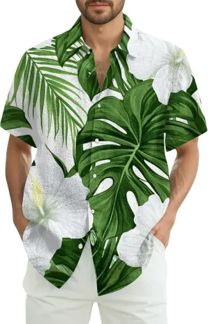 Men's Hawaiian Floral Shirts Cotton Linen Button Down Tropical Holiday Beach Shirts