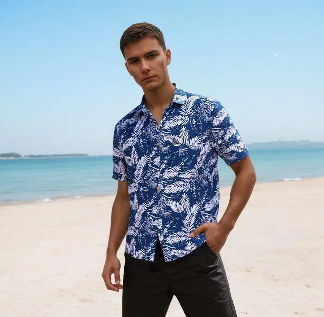 Men's Hawaiian Shirt Funky Blue Beach Printed Tropical Beach Shirt Casual Button Down Short Sleeve Floral Shirts Tops