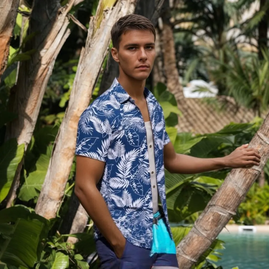 Men's Hawaiian Shirt Funky Blue Beach Printed Tropical Beach Shirt Casual Button Down Short Sleeve Floral Shirts Tops