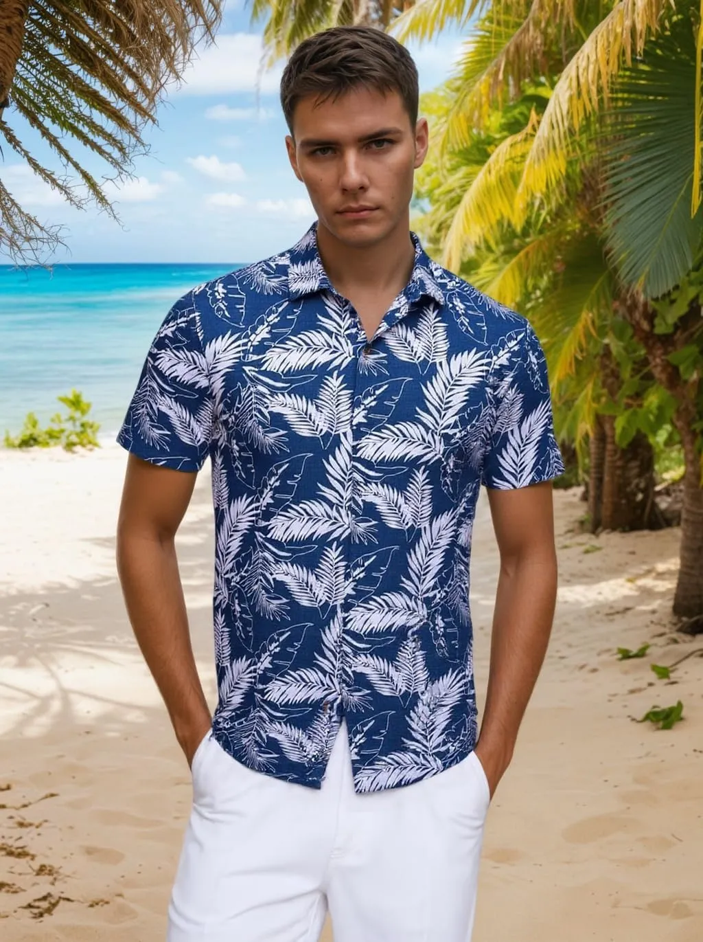 Men's Hawaiian Shirt Funky Blue Beach Printed Tropical Beach Shirt Casual Button Down Short Sleeve Floral Shirts Tops