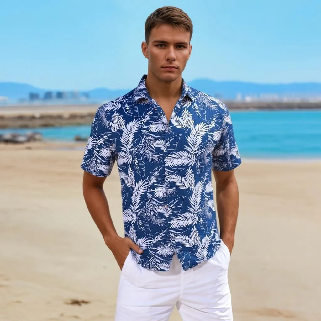 Men's Hawaiian Shirt Funky Blue Beach Printed Tropical Beach Shirt Casual Button Down Short Sleeve Floral Shirts Tops