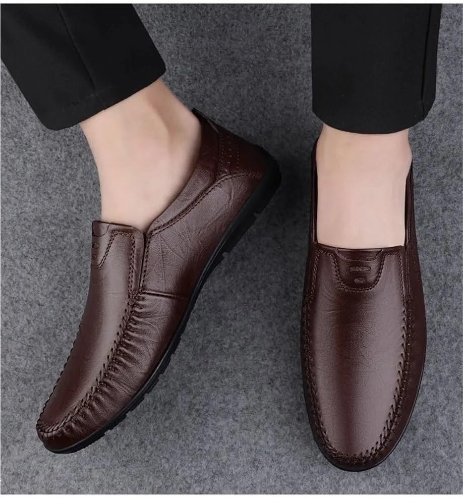 Mens Loafers Round Toe Leather Loafer Shoes Slip Resistant Flat Heel Lightweight Walking Casual Slip-ons