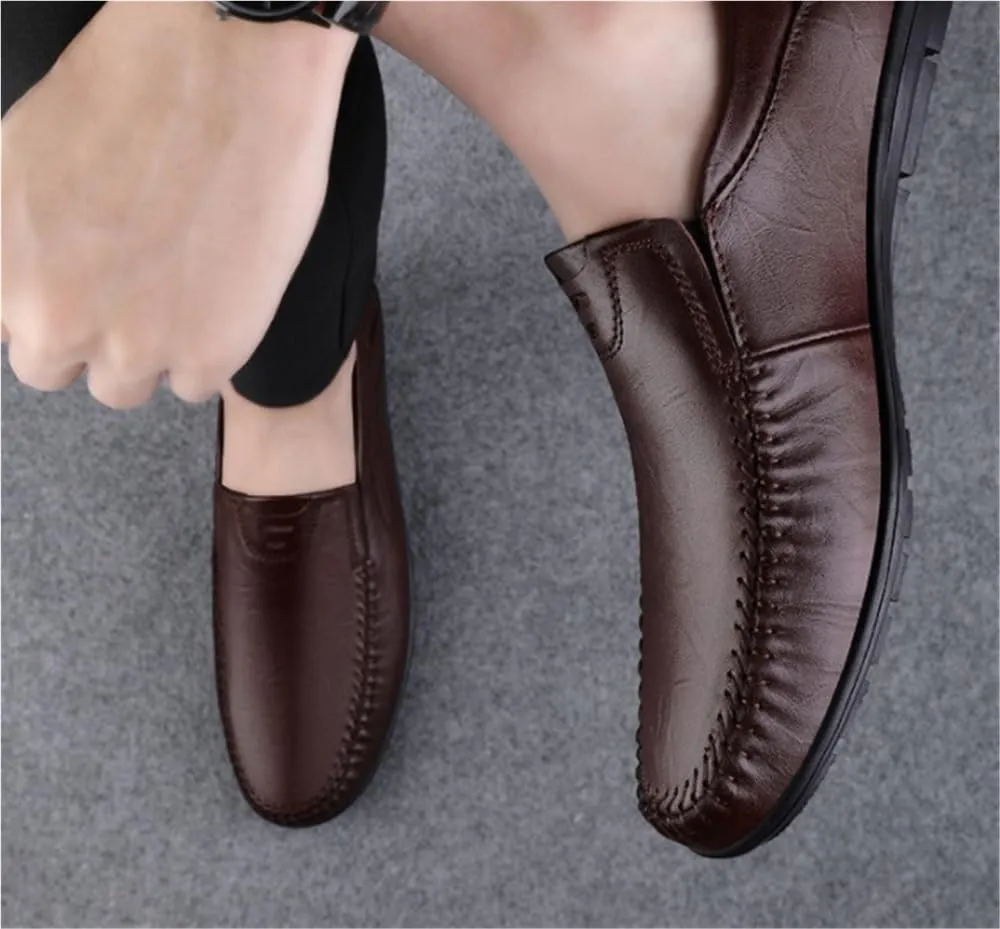 Mens Loafers Round Toe Leather Loafer Shoes Slip Resistant Flat Heel Lightweight Walking Casual Slip-ons