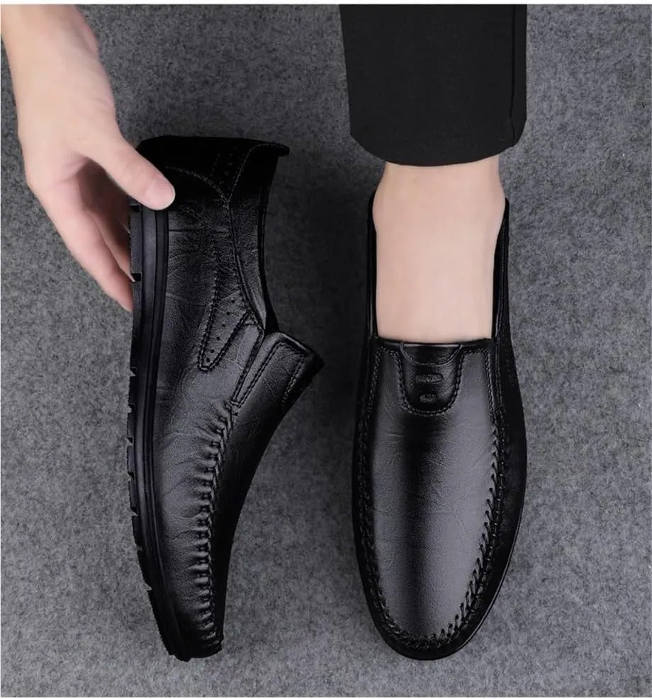 Mens Loafers Round Toe Leather Loafer Shoes Slip Resistant Flat Heel Lightweight Walking Casual Slip-ons