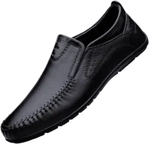 Mens Loafers Round Toe Leather Loafer Shoes Slip Resistant Flat Heel Lightweight Walking Casual Slip-ons