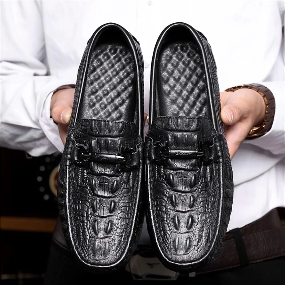 Mens Loafers Shoe Faux Crocodile Print Solid Colors Leather Anti-Slip Moccasins Shoes Lightweight Flat Heel Flexible Wedding Slip-ons