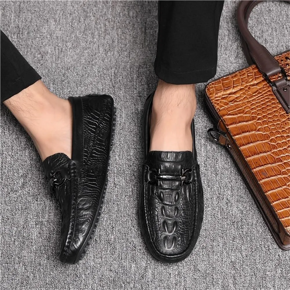 Mens Loafers Shoe Faux Crocodile Print Solid Colors Leather Anti-Slip Moccasins Shoes Lightweight Flat Heel Flexible Wedding Slip-ons