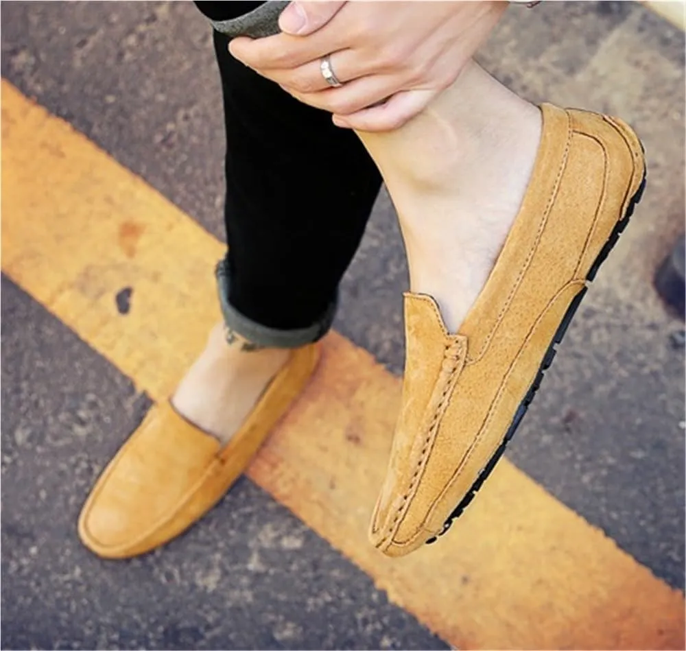 Men's Loafers Solid Color Round Toe Suede Vamp Moccasins Shoes Slip Resistant Flat Heel Lightweight Casual Walking Slip-ons