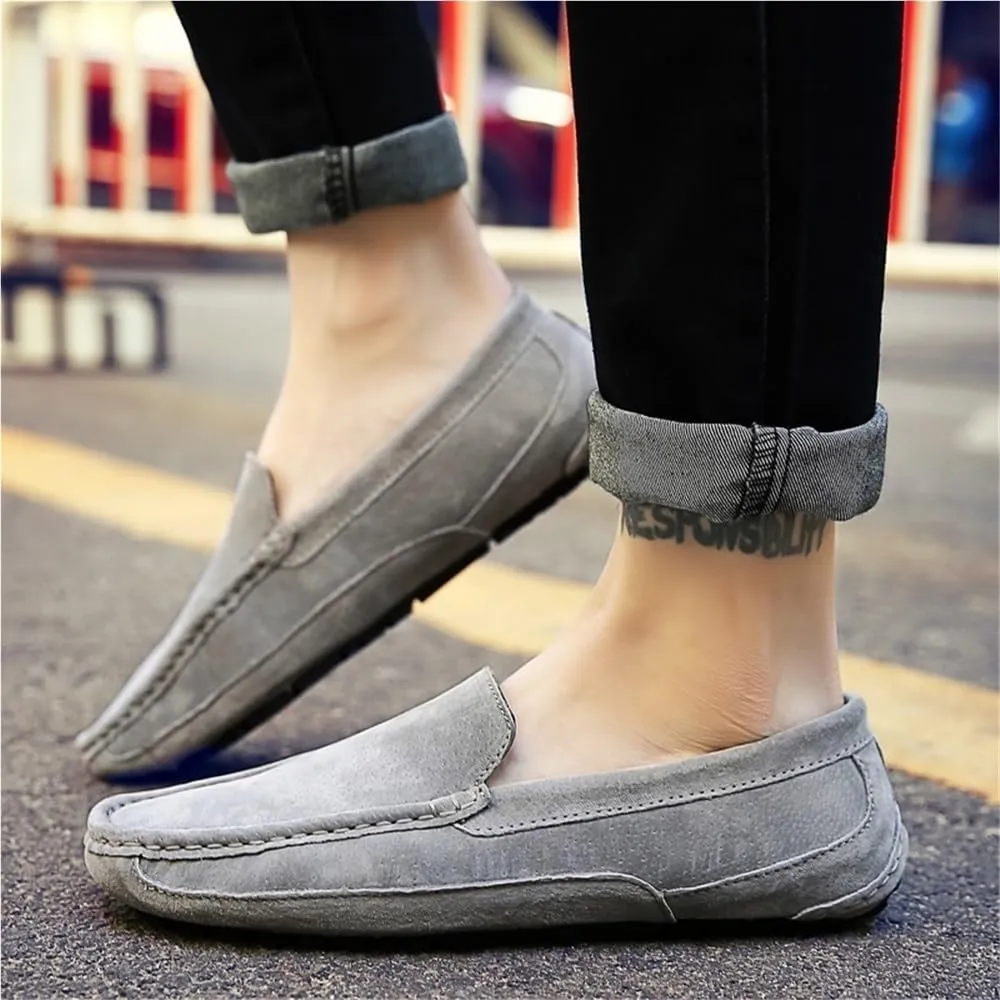 Men's Loafers Solid Color Round Toe Suede Vamp Moccasins Shoes Slip Resistant Flat Heel Lightweight Casual Walking Slip-ons