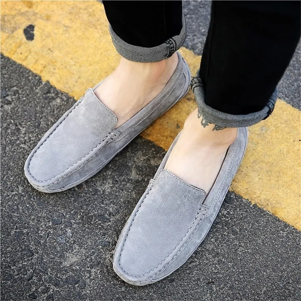 Men's Loafers Solid Color Round Toe Suede Vamp Moccasins Shoes Slip Resistant Flat Heel Lightweight Casual Walking Slip-ons