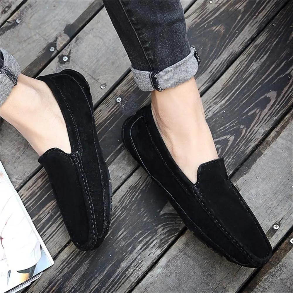 Men's Loafers Solid Color Round Toe Suede Vamp Moccasins Shoes Slip Resistant Flat Heel Lightweight Casual Walking Slip-ons