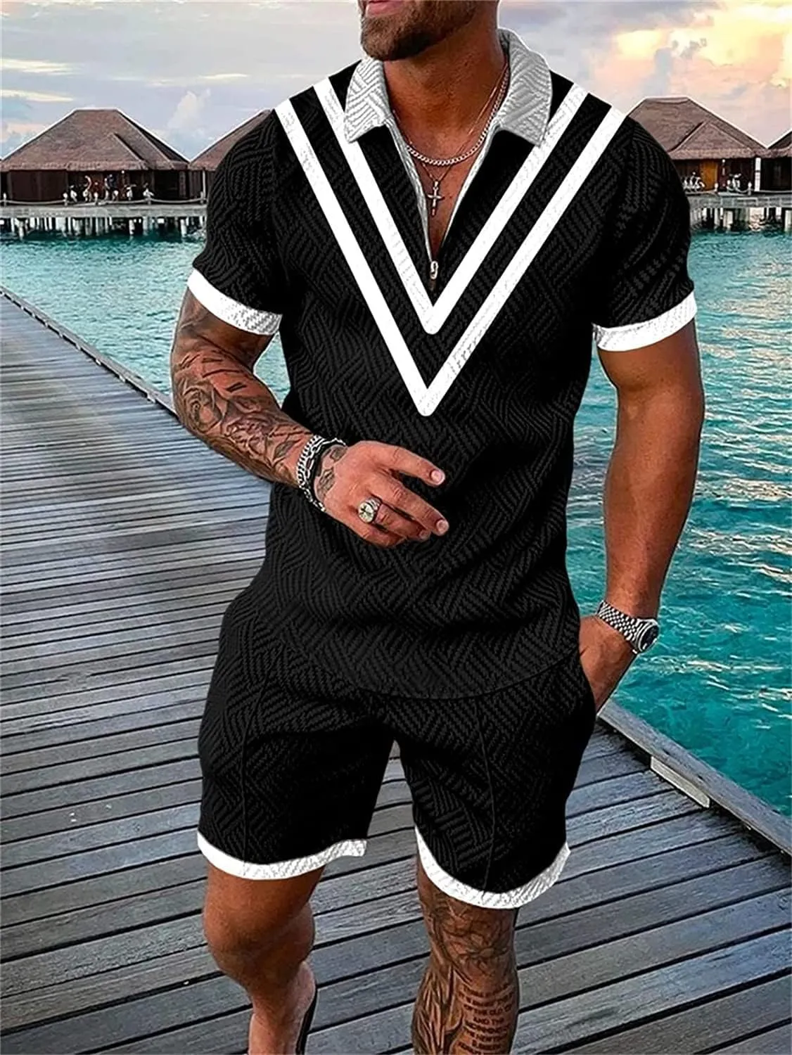 men's short sets outfits 2 piece summer tracksuit short sleeve polo shirt and shorts set casual sport suit