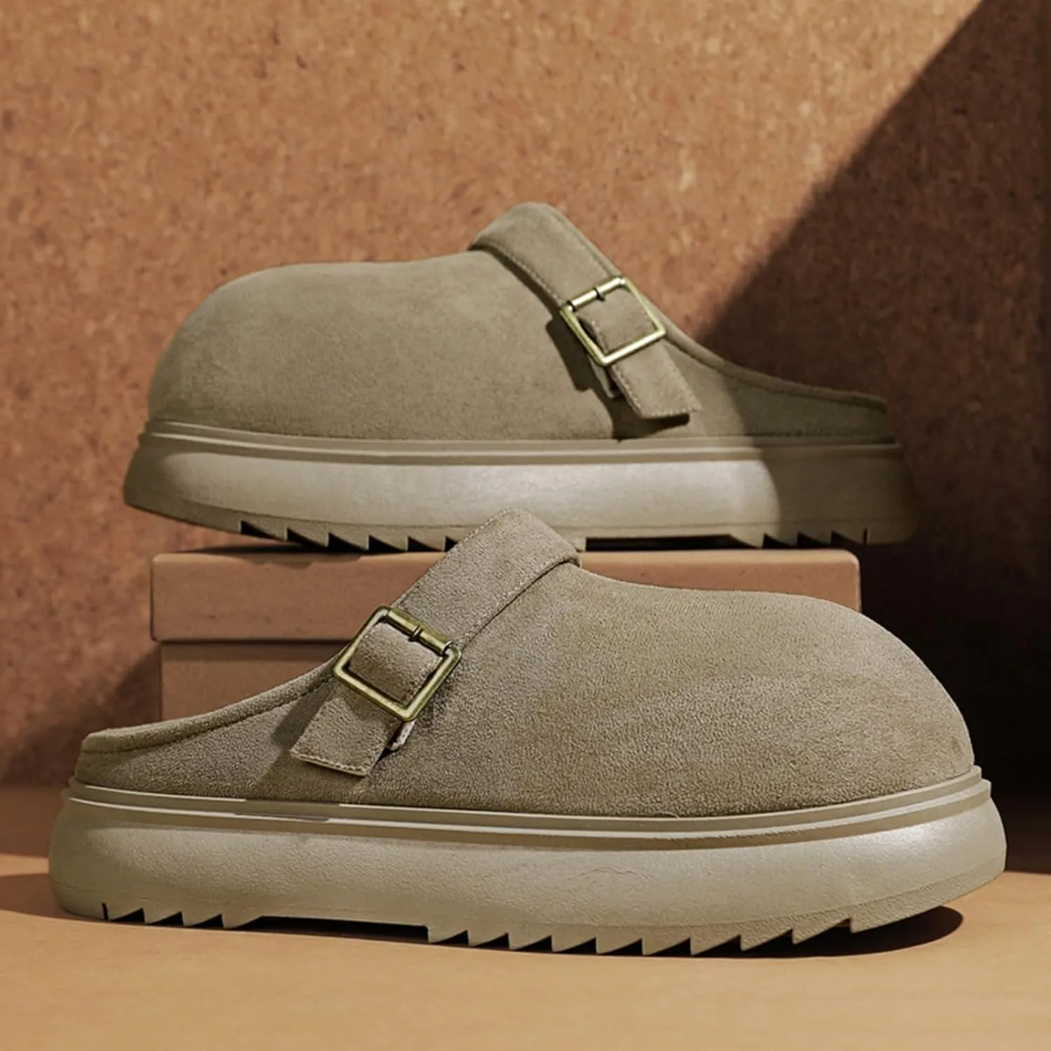 Men's Suede Clogs Leather Mules with Soft Sole Footbed, Platform Design, Adjustable Buckle, Slip - On Sandals