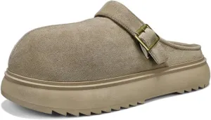 Men's Suede Clogs Leather Mules with Soft Sole Footbed, Platform Design, Adjustable Buckle, Slip - On Sandals