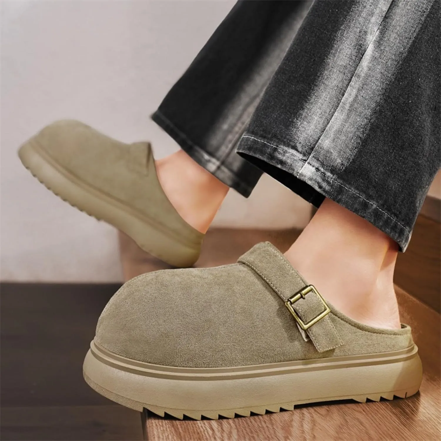 Men's Suede Clogs Leather Mules with Soft Sole Footbed, Platform Design, Adjustable Buckle, Slip - On Sandals