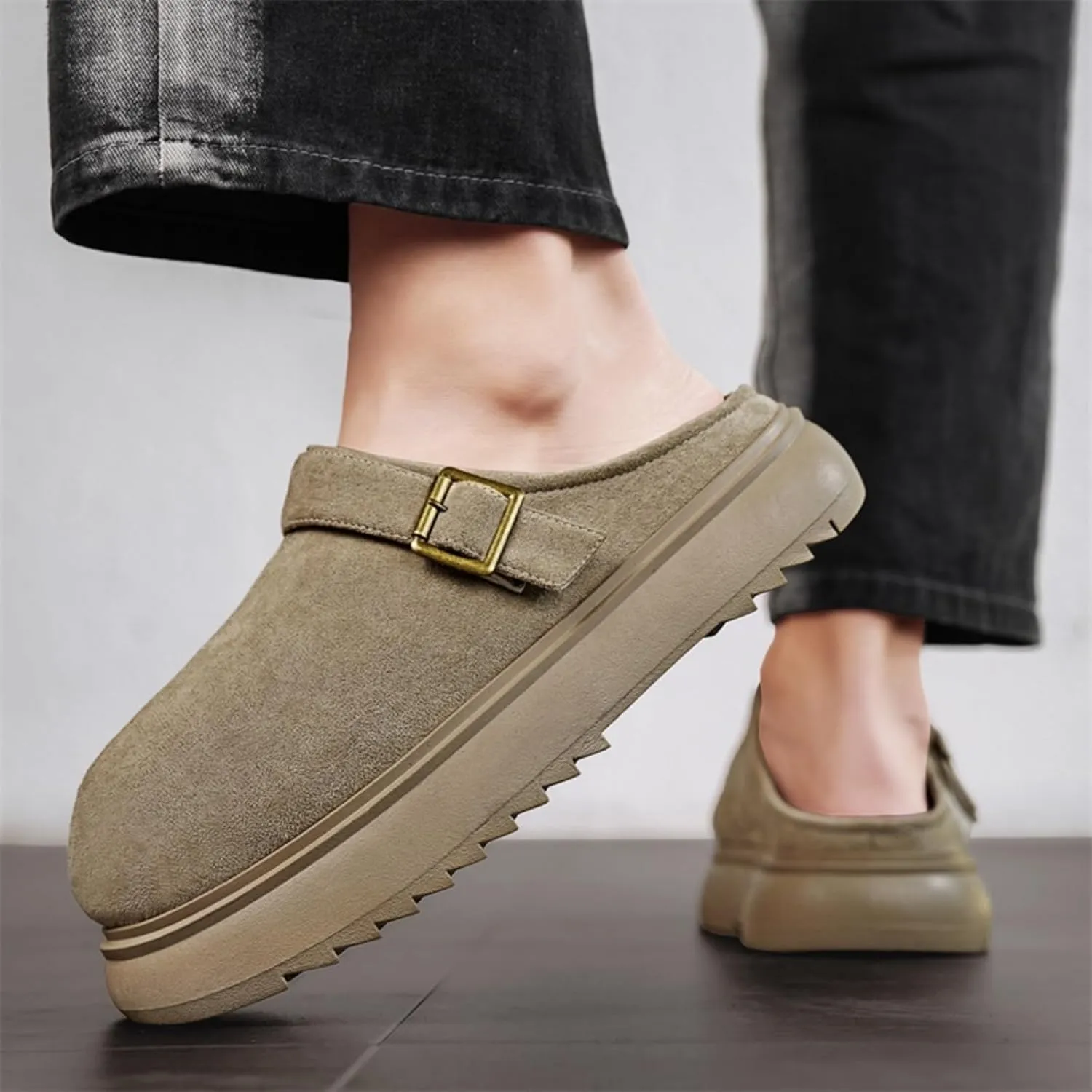 Men's Suede Clogs Leather Mules with Soft Sole Footbed, Platform Design, Adjustable Buckle, Slip - On Sandals