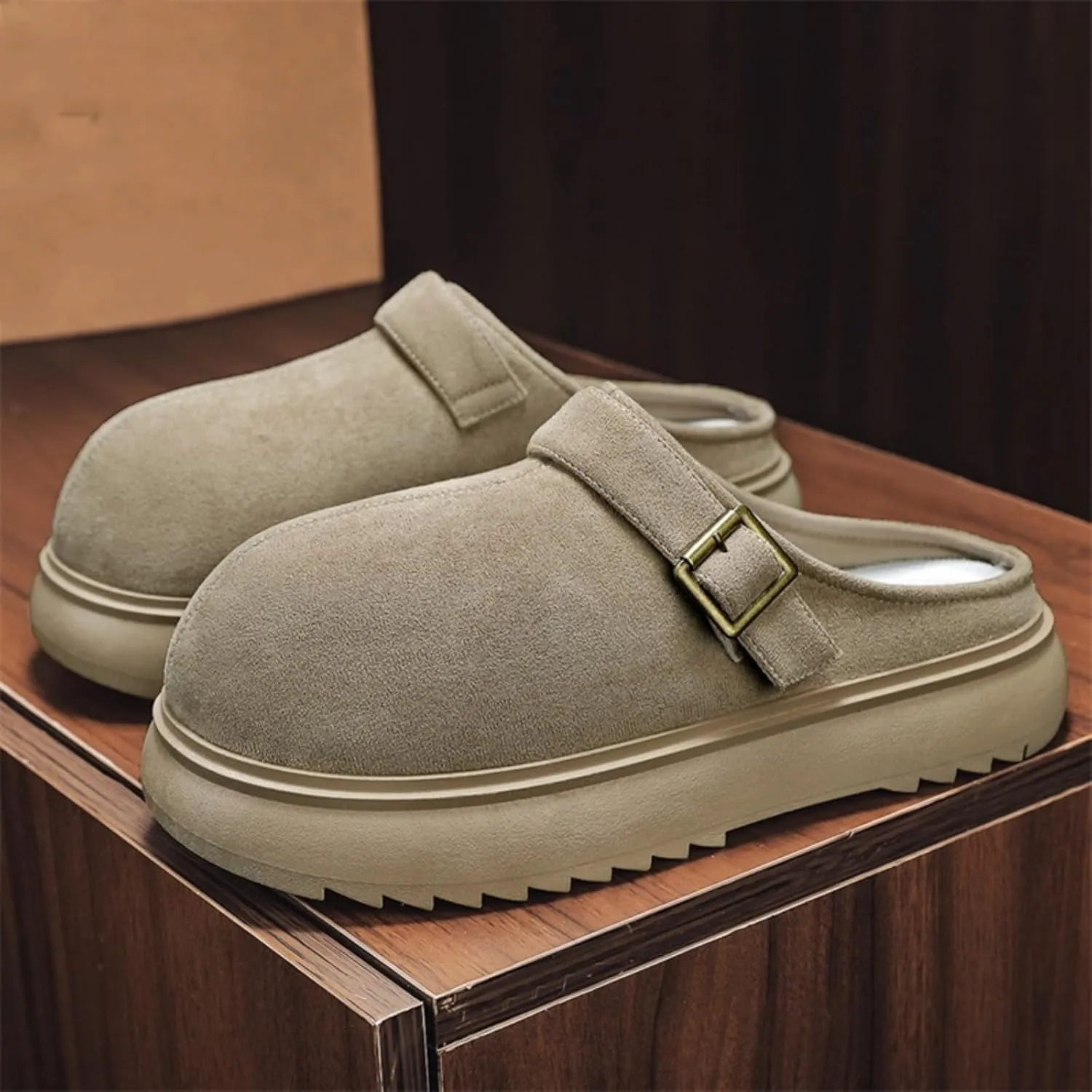 Men's Suede Clogs Leather Mules with Soft Sole Footbed, Platform Design, Adjustable Buckle, Slip - On Sandals