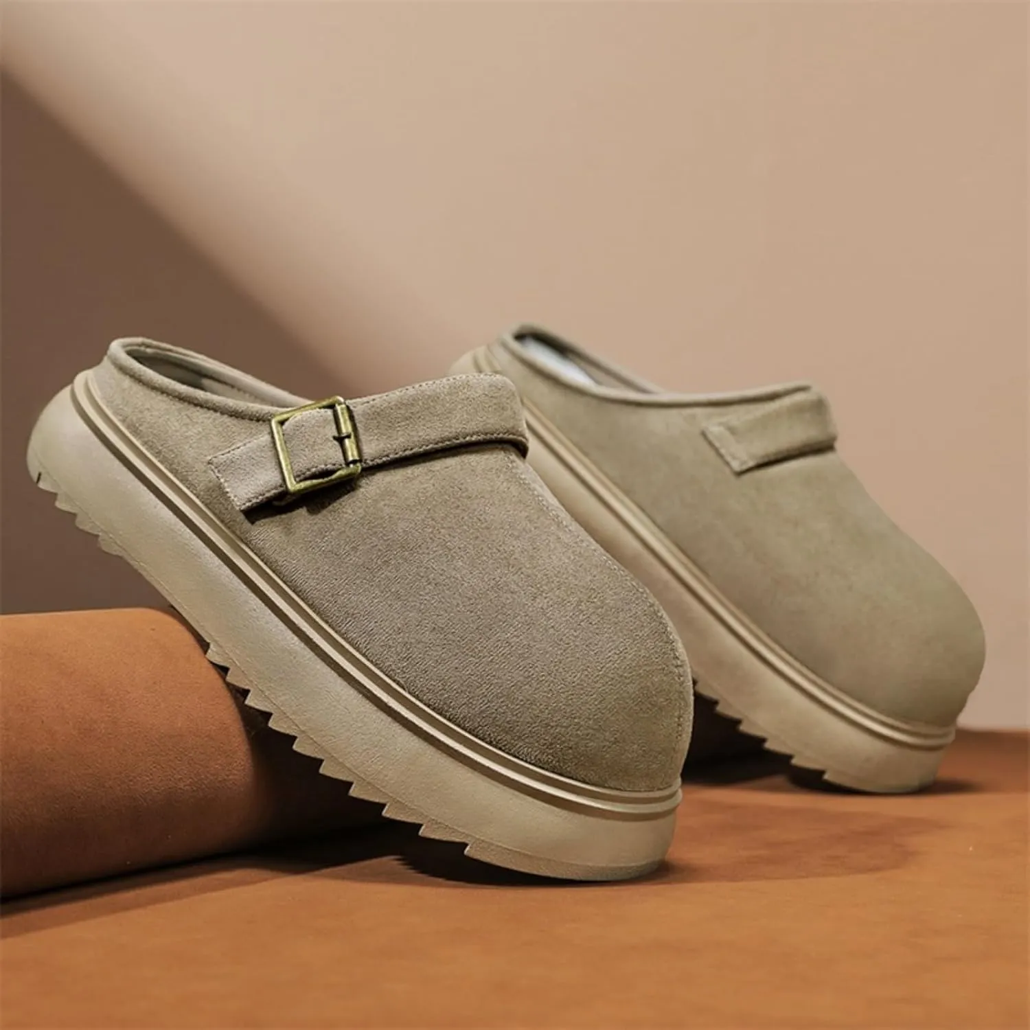 Men's Suede Clogs Leather Mules with Soft Sole Footbed, Platform Design, Adjustable Buckle, Slip - On Sandals