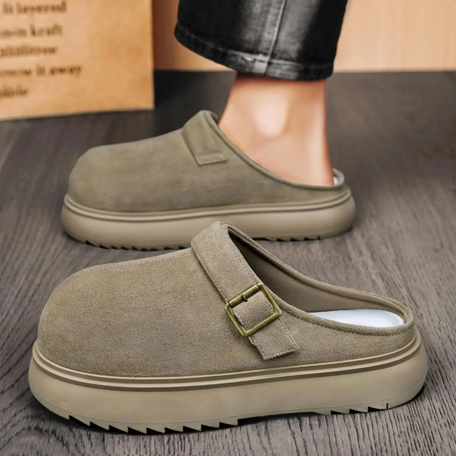 Men's Suede Clogs Leather Mules with Soft Sole Footbed, Platform Design, Adjustable Buckle, Slip - On Sandals