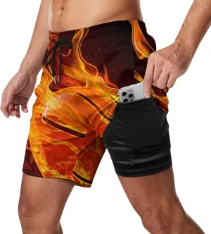 Mens Swim Trunks USA with Ribbons Men's Board Shorts with Compression Liner Quick Dry 4 Pockets