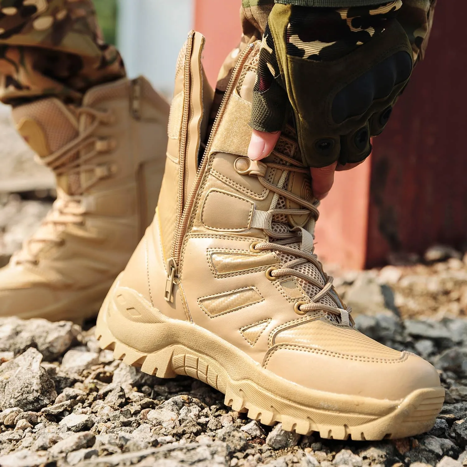 Men's Tactical Military Work Boots Side Zipper Lightweight Outdoor Motorcycle Boots Waterproof Combat Army Boots for Men