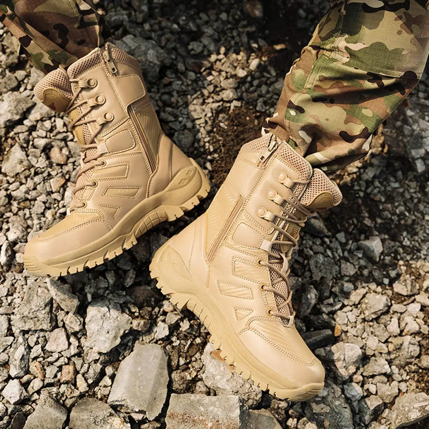 Men's Tactical Military Work Boots Side Zipper Lightweight Outdoor Motorcycle Boots Waterproof Combat Army Boots for Men