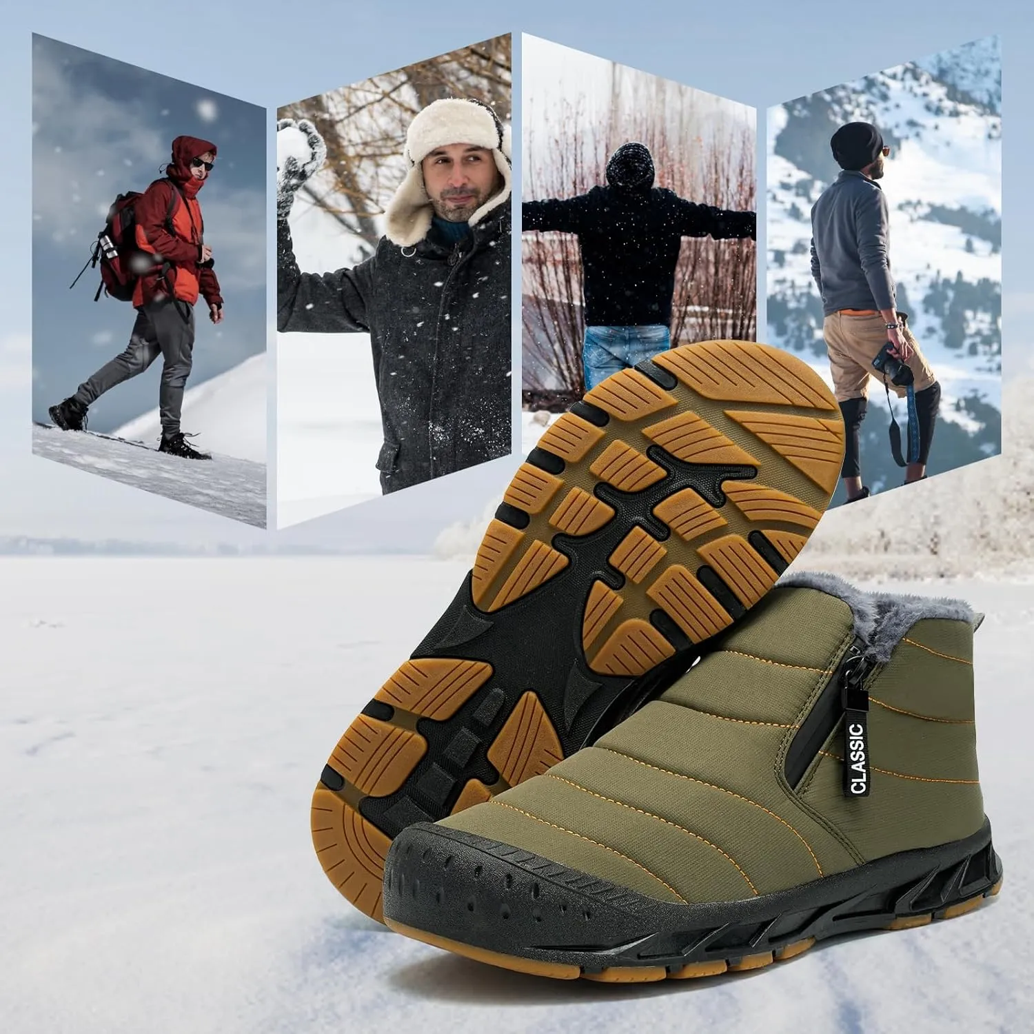Men's Waterproof Snow Boots Warm Winter Boots Fur Lined Booties Non-Slip Lightweight Winter Shoes