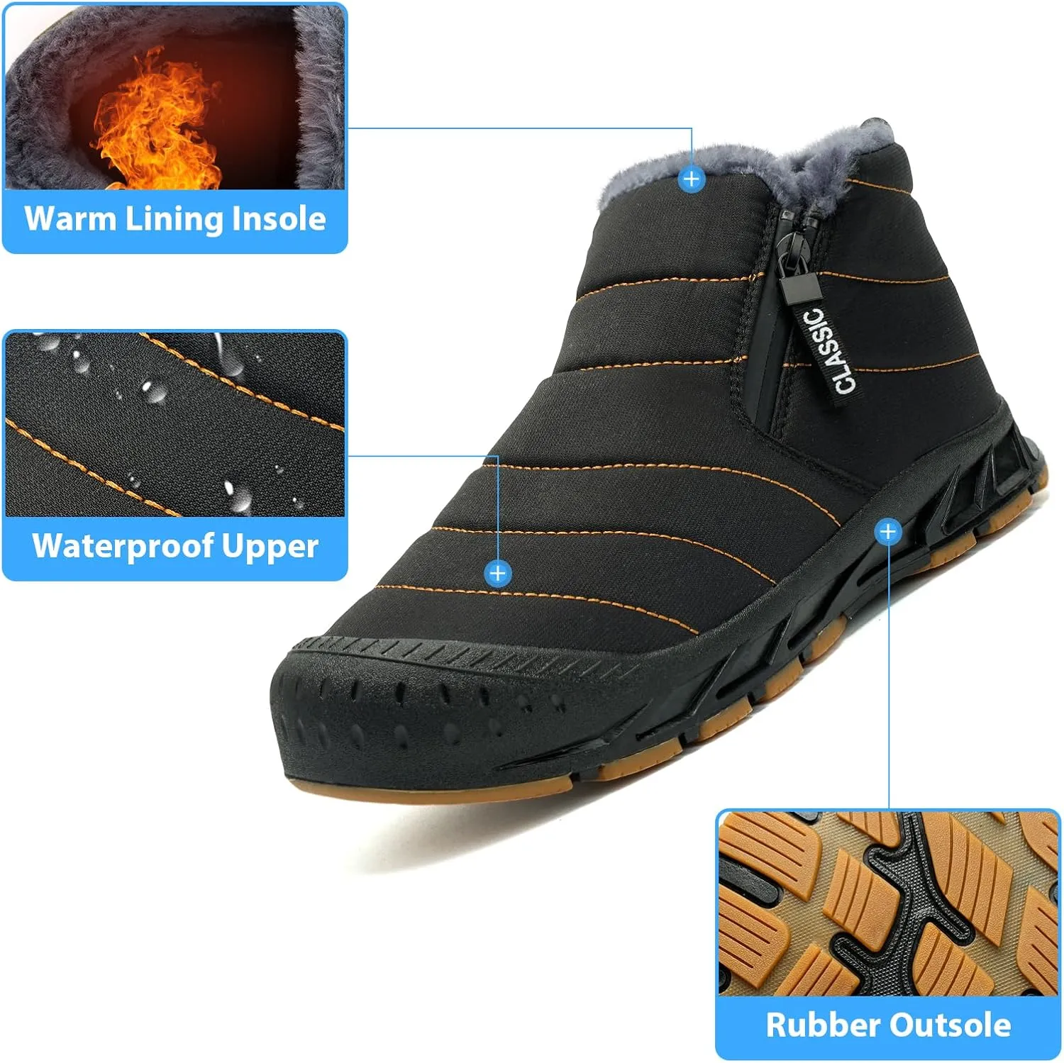 Men's Waterproof Snow Boots Warm Winter Boots Fur Lined Booties Non-Slip Lightweight Winter Shoes