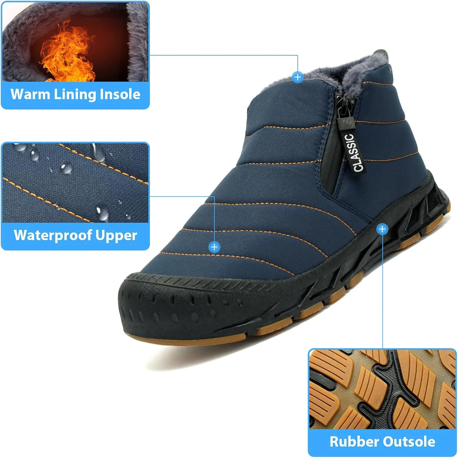 Men's Waterproof Snow Boots Warm Winter Boots Fur Lined Booties Non-Slip Lightweight Winter Shoes