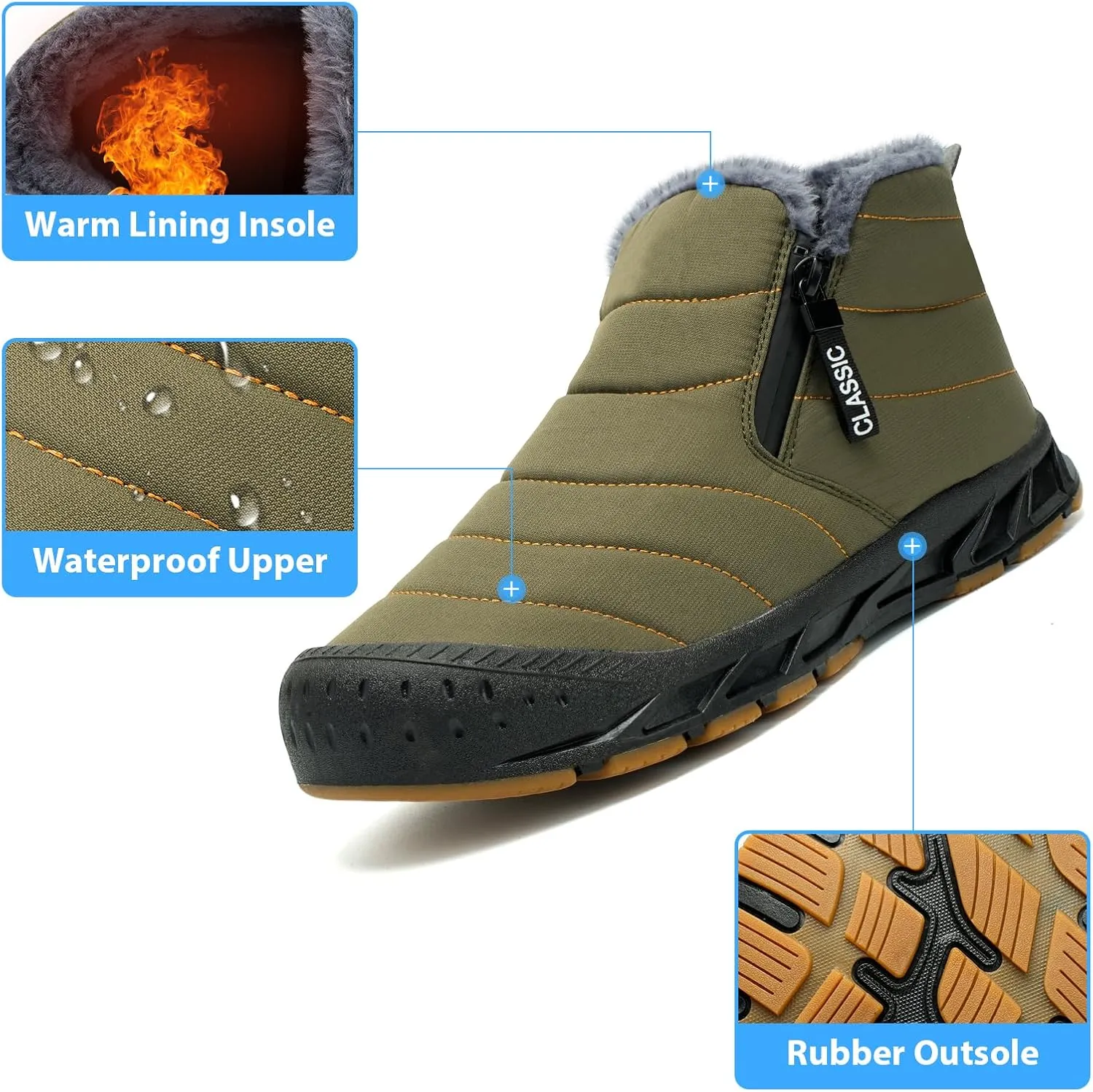 Men's Waterproof Snow Boots Warm Winter Boots Fur Lined Booties Non-Slip Lightweight Winter Shoes